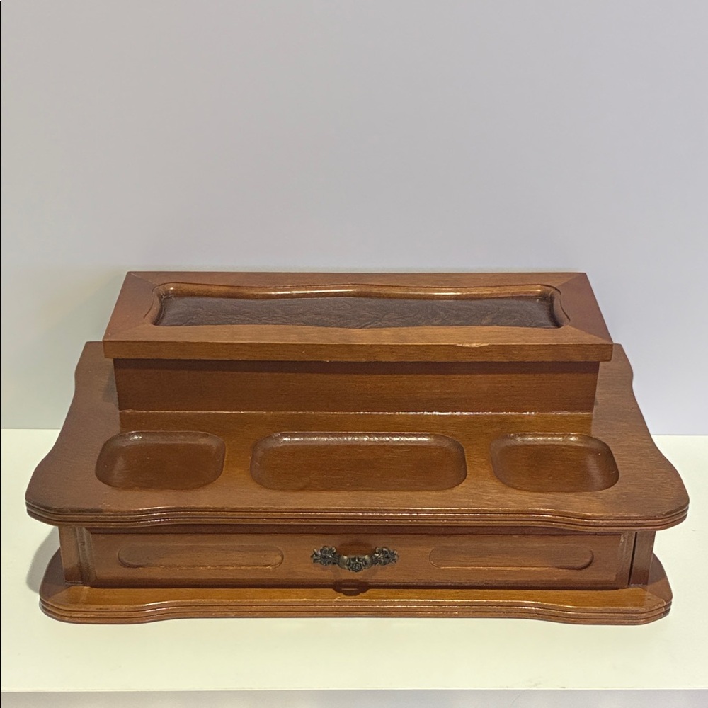 MCM Vintage Wood And Leather Two Tier Jewelry Box Velvet Lined